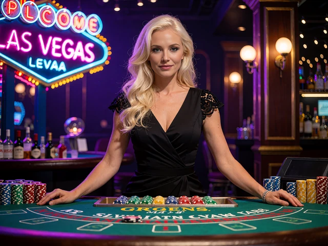 Krupierka z jasnymi włosami przy zielonym stole do blackjacka z żetonami - blackjack na żywo online