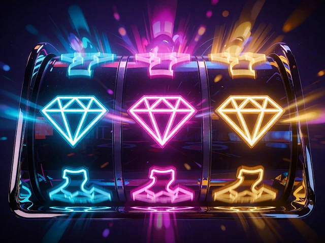 Trzy kręcące się bębny z neonowymi diamentami w kolorach cyjanu, magenty i złota - slot z diamentami
