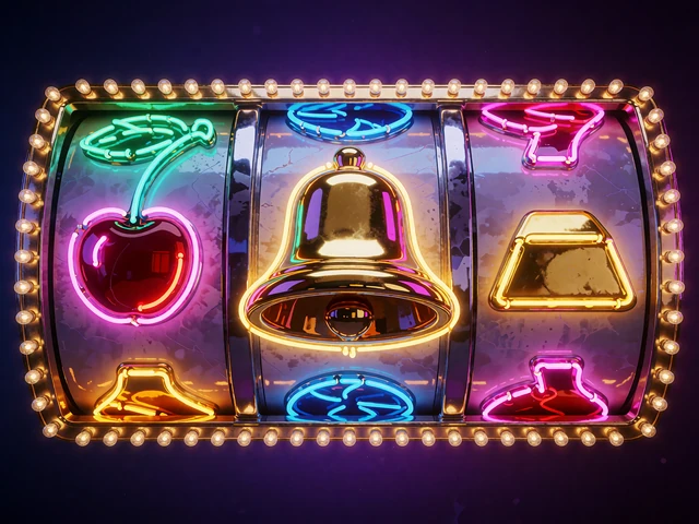 Złoty dzwonek, wiśnie i symbol BAR na bębnach - owocowy slot w stylu dawnego Vegas w lobby kasyna
