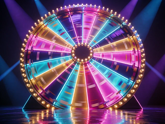 Wielkie koło nagr&oacute;d z kolorowymi segmentami i żar&oacute;wkami w studiu teleturnieju - game show na żywo online