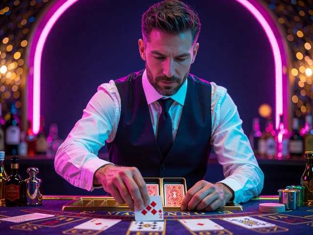 Krupier w kamizelce wyciąga kartę z sabotu na stole z suknem - karciane gry stołowe live w V.Vegas